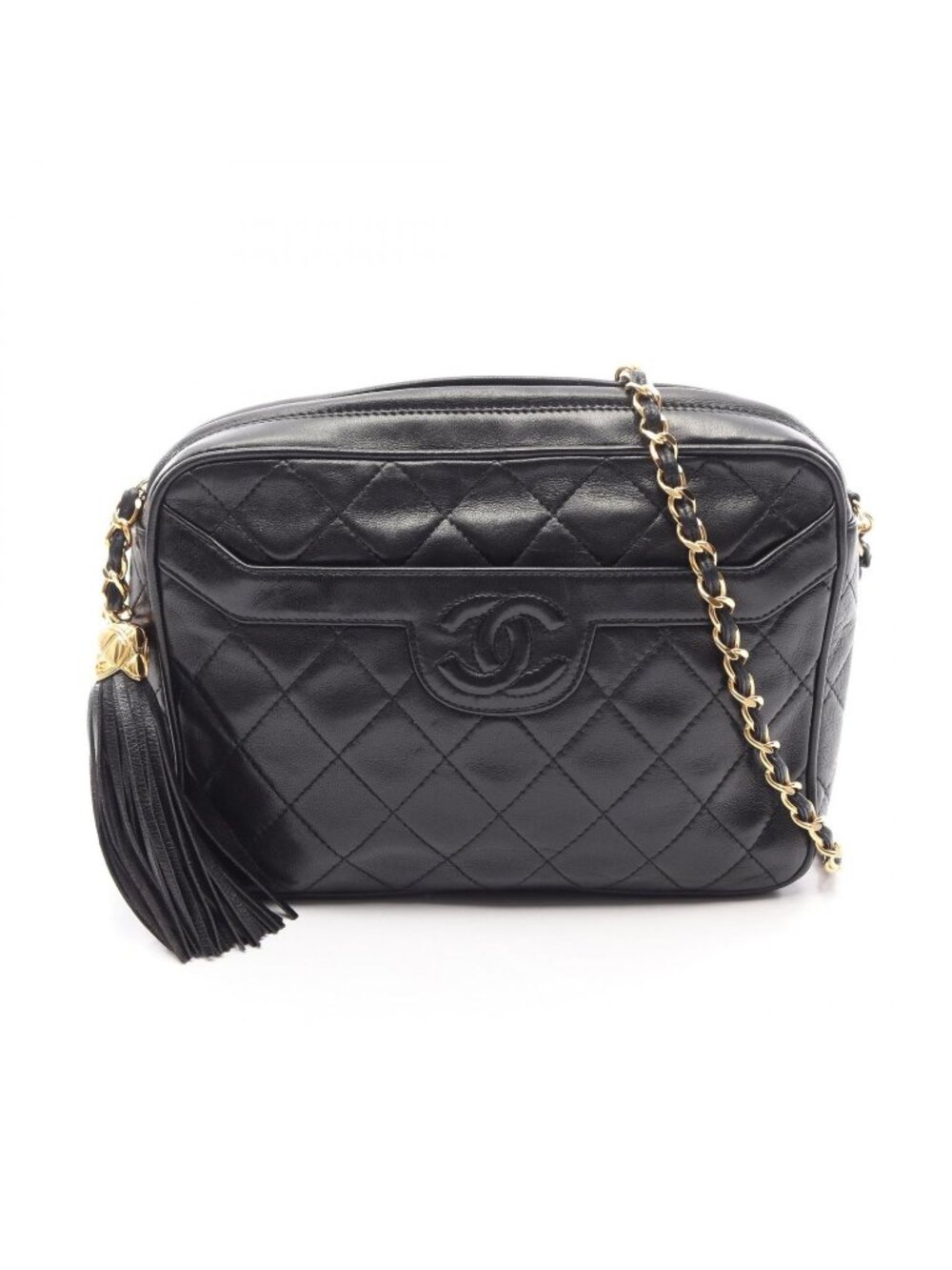 Chanel Shoulder Bag Quilted Fringe Black Lambskin Chain